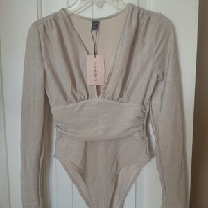 SHEIN Shimmering Beige V-Neck Top